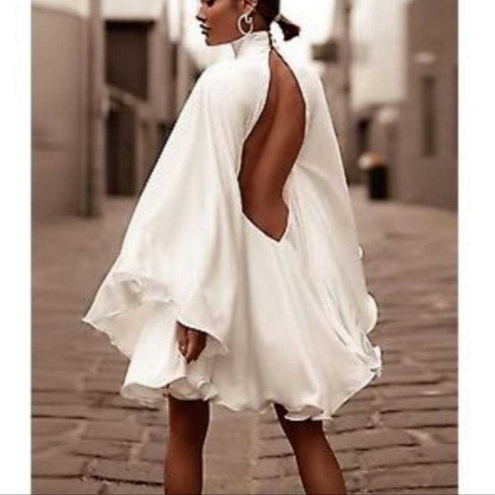 UOOZEE Backless High Neck Long Flared Sleeves Oversized Loose Mini Dres fit Sz-S